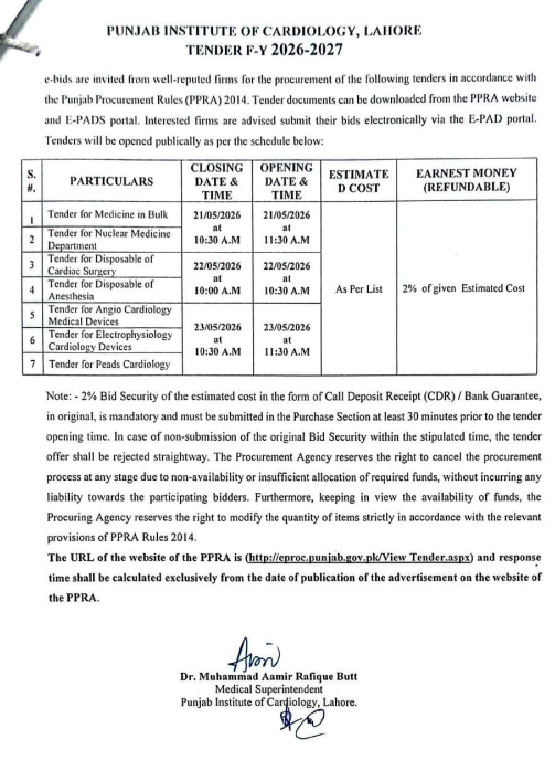 Multiple Medical Tenders - Medicine, Nuclear Medicine, Cardiac Surgery, Anesthesia, Angio Cardiology & Electrophysiology Devices - PIC Lahore - Punjab Institute of Cardiology - PIC