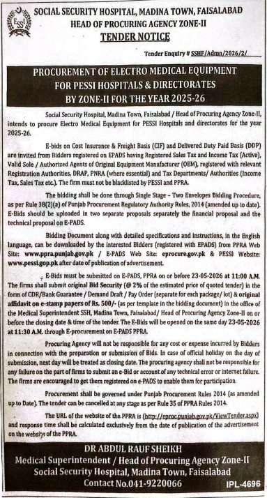 Procurement of Electro Medical Equipment for PESSI Hospitals & Directorates Zone-II for Year 2025-26 - Social Security Hospital - PESSI Zone-II