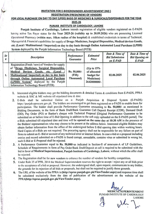 Registration of Vendors for Local Purchase of Drugs/Medicines/Surgical Disposables - PIC Lahore 2025-26 - Punjab Institute of Cardiology - PIC