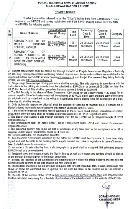 Rehabilitation of 03 Marla Housing Scheme Pasrur & Roads/Streets Narowal - PHATA Lahore