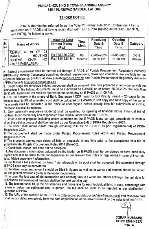 Rehabilitation of 03 Marla Housing Scheme Chak No 238/RB Faisalabad - PHATA Lahore - Punjab Housing & Town Planning Agency - PHATA