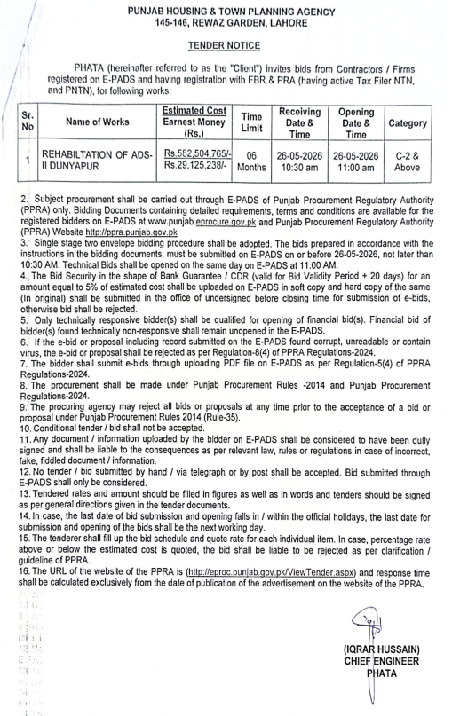 Rehabilitation of ADS-II Dunyapur - PHATA Lahore - Punjab Housing & Town Planning Agency - PHATA