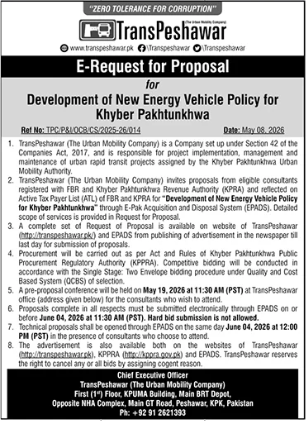 E-Request for Proposal - Development of New Energy Vehicle Policy for Khyber Pakhtunkhwa - TransPeshawar - TransPeshawar - The Urban Mobility Company