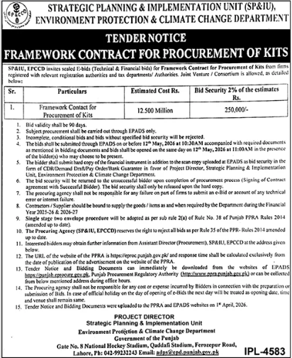 Framework Contract for Procurement of Kits - Environment Protection & Climate Change Department Punjab - Environment Protection & Climate Change Department - Punjab