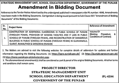 Amendment in Bidding Document - Additional Classrooms & Reconstruction in Public Schools - Gujranwala, Rawalpindi & Sargodha Division - School Education Department - Punjab