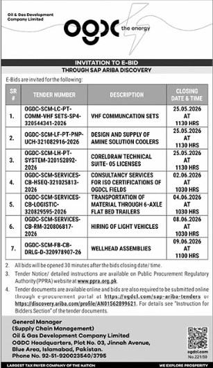 OGDCL Multiple E-Bids - VHF Sets, Amine Coolers, Coreldraw, ISO Consultancy, Transport, Light Vehicles & Wellhead Assemblies - Oil & Gas Development Company Limited - OGDCL