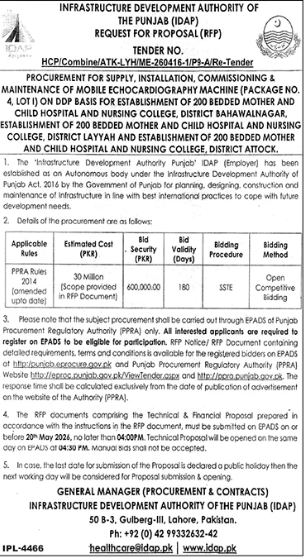 Procurement for Supply, Installation & Commissioning of Mobile Echocardiography Machine - 200 Bedded Mother & Child Hospitals Layyah & Attock - Infrastructure Development Authority of the Punjab - IDAP