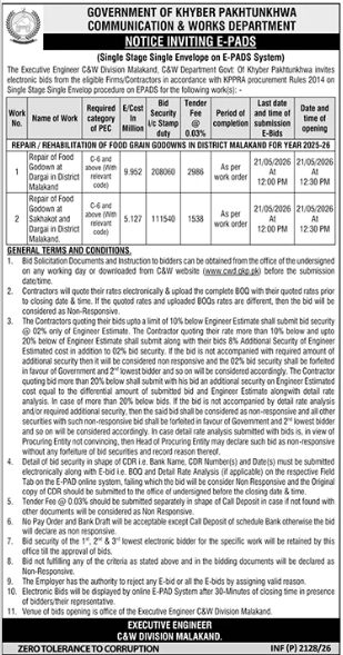 Repair / Rehabilitation of Food Grain Godowns at Dargai & Bathela in District Malakand - C&W KPK - Communication & Works Department - Khyber Pakhtunkhwa