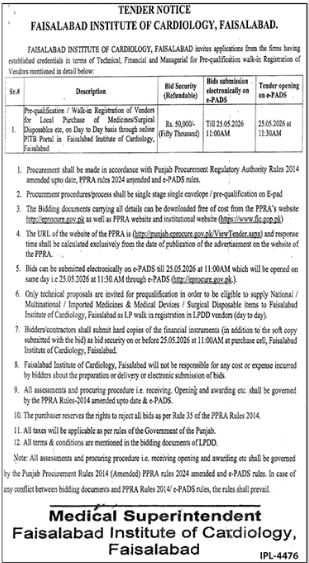 Pre-qualification / Walk-in Registration of Vendors for Local Purchase of Medicines & Surgical Disposables - FIC Faisalabad - Faisalabad Institute of Cardiology - FIC