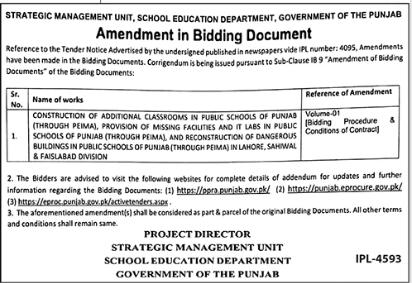 Amendment in Bidding Document - Additional Classrooms & Reconstruction in Public Schools - Lahore, Sahiwal & Faisalabad Division - School Education Department - Punjab