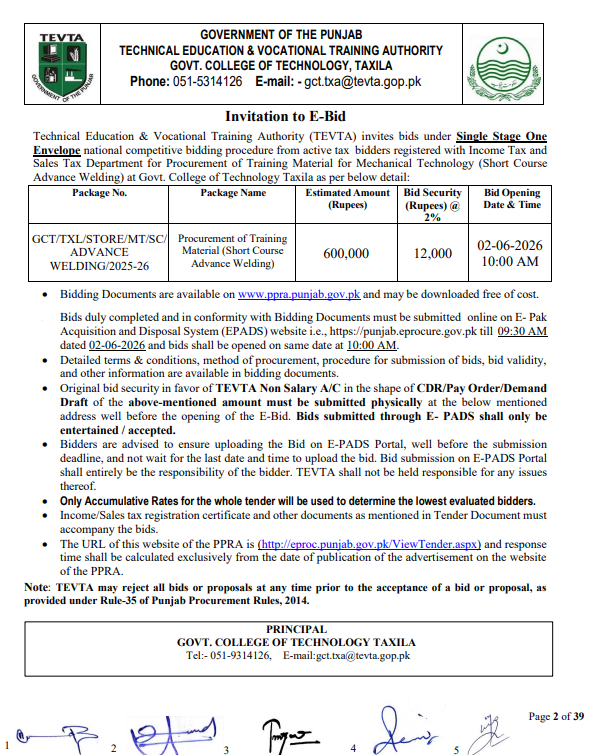Procurement of Training Material for Mechanical Technology - Short Course Advance Welding - GCT Taxila