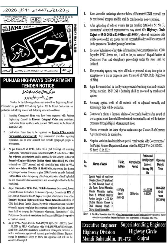 Special Repair of Road from Ghogha Chowk Phalia Road to Chak Basawa Road via Lilla Town - Punjab Highways Department - Punjab Highways Department