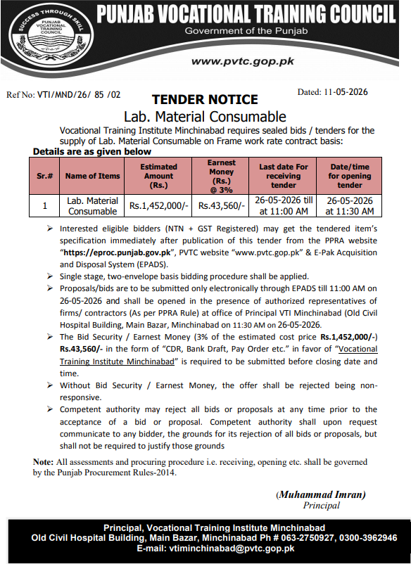 Lab Material Consumable on Framework Rate Contract Basis - VTI Minchinabad - Vocational Training Institute Minchinabad - PVTC