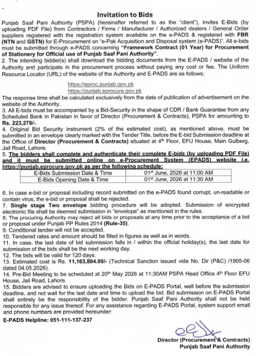 Framework Contract for Procurement of Stationery for Official use of Punjab Saaf Pani Authority - Punjab Saaf Pani Authority - PSPA