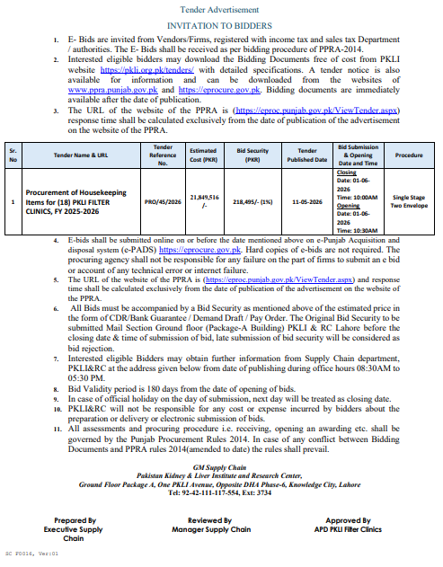 Procurement of Housekeeping Items for 18 PKLI Filter Clinics FY 2025-2026 - PKLI Lahore - Pakistan Kidney & Liver Institute and Research Center - PKLI