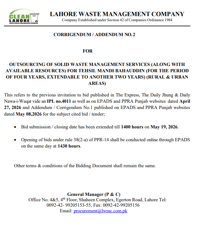 Corrigendum - Outsourcing of Solid Waste Management Services for Tehsil Mandi Bahauddin - LWMC