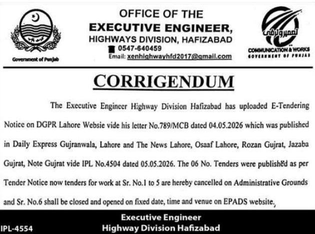 Corrigendum - Cancellation of 5 Tenders & Schedule for Sr. No.6 - Highways Division Hafizabad - Highways Division Hafizabad - C&W Department