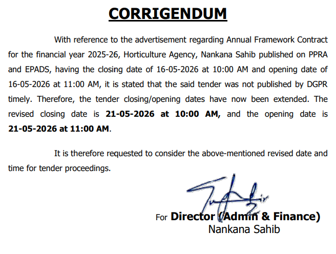 Corrigendum - Extension of Dates for Annual Framework Contract FY 2025-26 - Horticulture Agency Nankana Sahib - Horticulture Agency Nankana Sahib