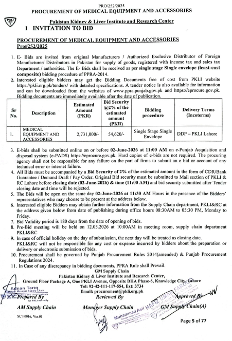 Procurement of Medical Equipment and Accessories - PKLI & RC Lahore - Pakistan Kidney & Liver Institute and Research Center - PKLI