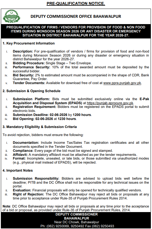 Pre-Qualification of Firms for Food & Non Food Items during Monsoon Season 2026 - DC Office Bahawalpur