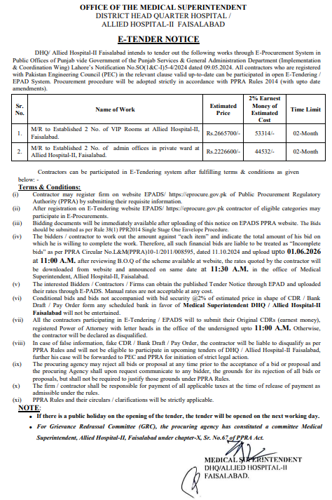 M&R to VIP Rooms & Admin Offices in Private Ward - DHQ Allied Hospital-II Faisalabad - DHQ Allied Hospital-II Faisalabad