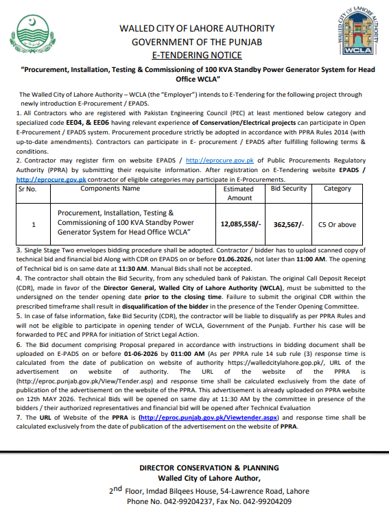 Procurement, Installation, Testing & Commissioning of 100 KVA Standby Power Generator System - WCLA Head Office - Walled City of Lahore Authority - WCLA