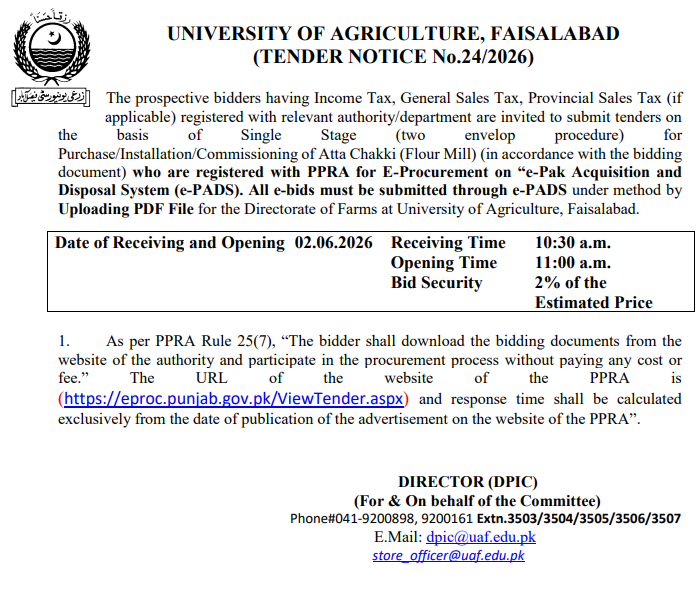 Purchase/Installation/Commissioning of Atta Chakki Flour Mill - University of Agriculture Faisalabad