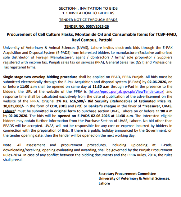 Procurement of Cell Culture Flasks, Montanide Oil and Consumable Items for TCBP-FMD, Ravi Campus, Pattoki - UVAS Lahore - University of Veterinary & Animal Sciences - UVAS