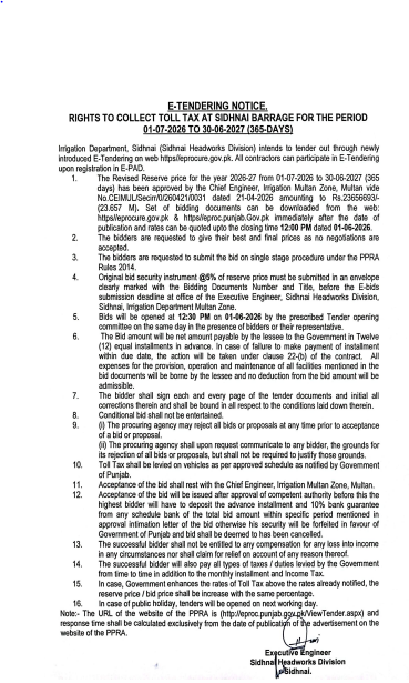 Rights to Collect Toll Tax at Sidhnai Barrage for Period 01-07-2026 to 30-06-2027 - Irrigation Department