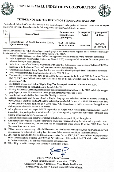Establishment of Small Industries Estate, QuaidAbad Group-I - PSIC