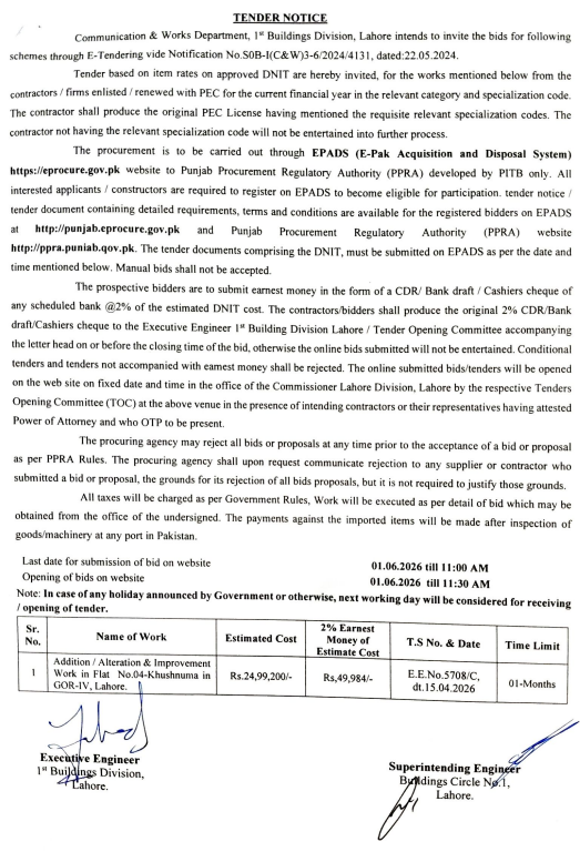 Addition / Alteration & Improvement Work in Flat No.64-Khushnuma in GOR-IV, Lahore