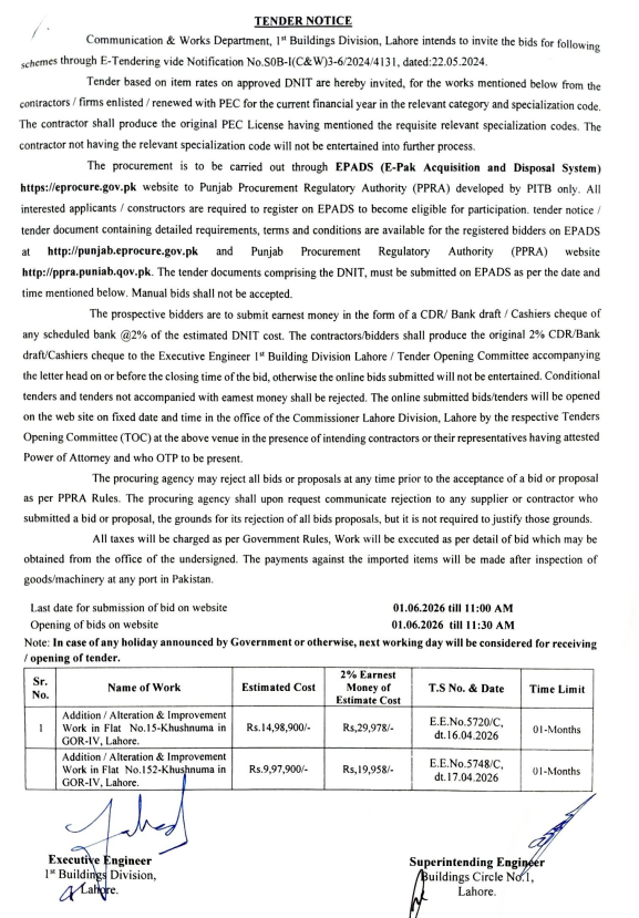 Addition / Alteration & Improvement Work in Flat No.15-Khushnuma & Flat No.152-Khushnuma in GOR-IV, Lahore - Communication & Works Department - 1st Buildings Division Lahore