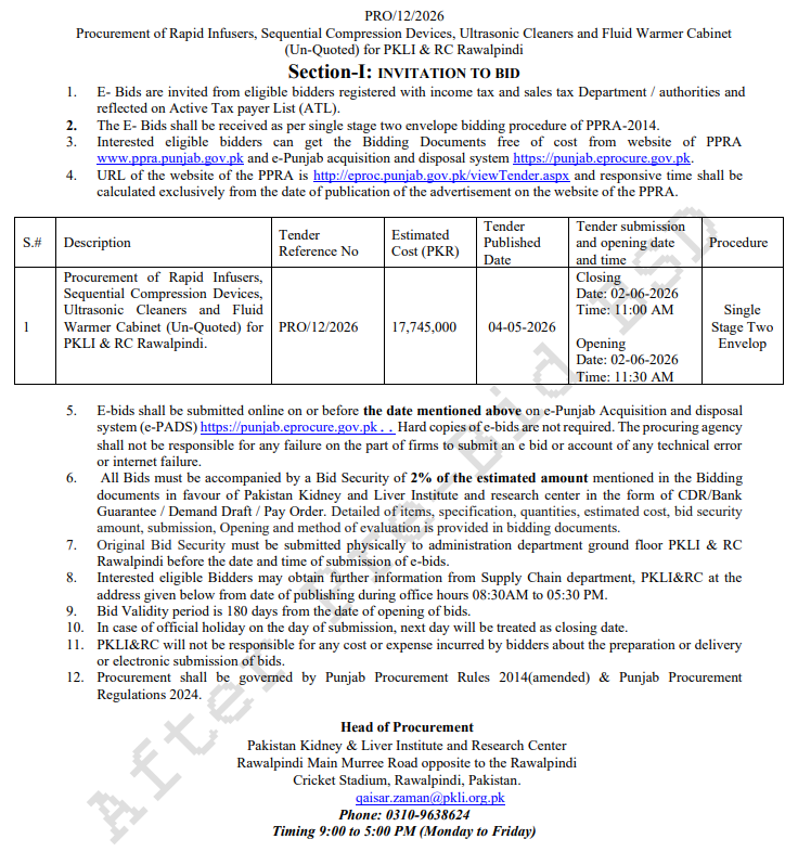 Procurement of Rapid Infusers, Sequential Compression Devices, Ultrasonic Cleaners and Fluid Warmer Cabinet for PKLI & RC Rawalpindi - PRO/12/2026 - Pakistan Kidney & Liver Institute and Research Center - PKLI