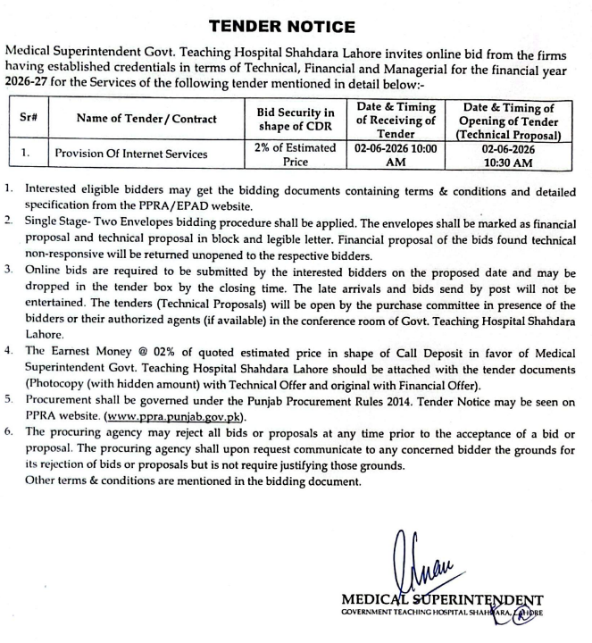 Provision Of Internet Services - Govt. Teaching Hospital Shahdara Lahore - Govt. Teaching Hospital Shahdara