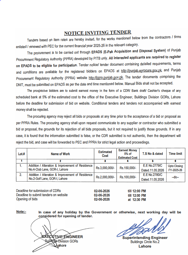 Addition / Alteration & Improvement of Residence No.4-Club Lane & No.2-Golf Lane, GOR-I, Lahore - Buildings Division GORs - C&W Department