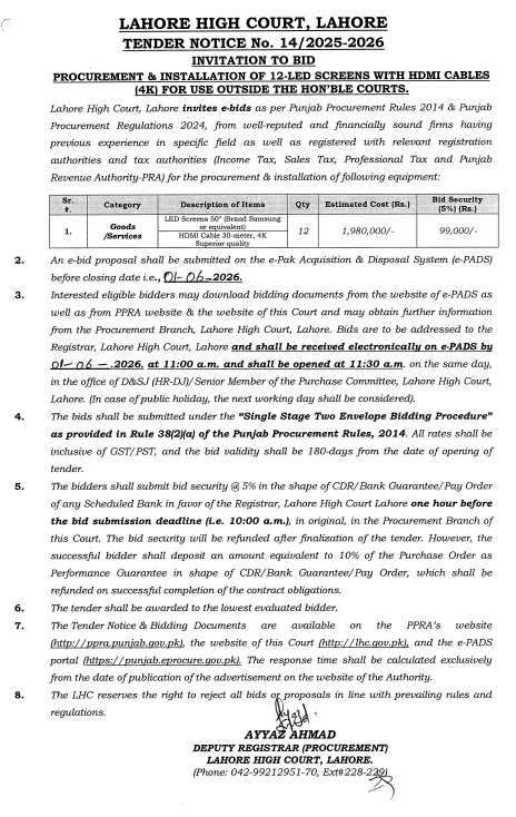 Procurement & Installation of 12-LED Screens with HDMI Cables (4K) for Lahore High Court - Lahore High Court