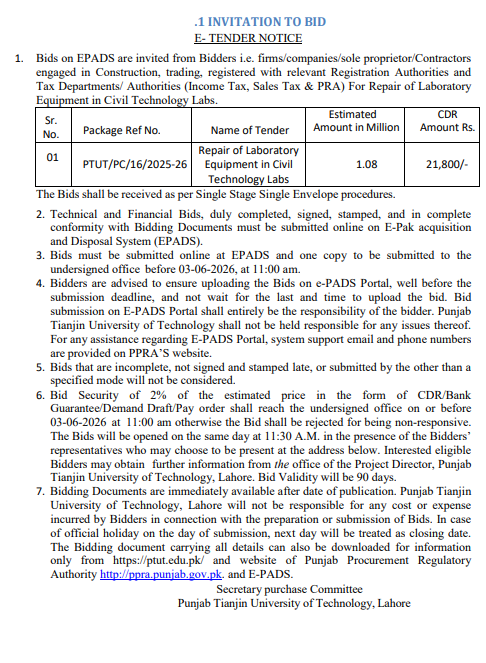 Repair of Laboratory Equipment in Civil Technology Labs - Punjab Tianjin University of Technology Lahore - Punjab Tianjin University of Technology