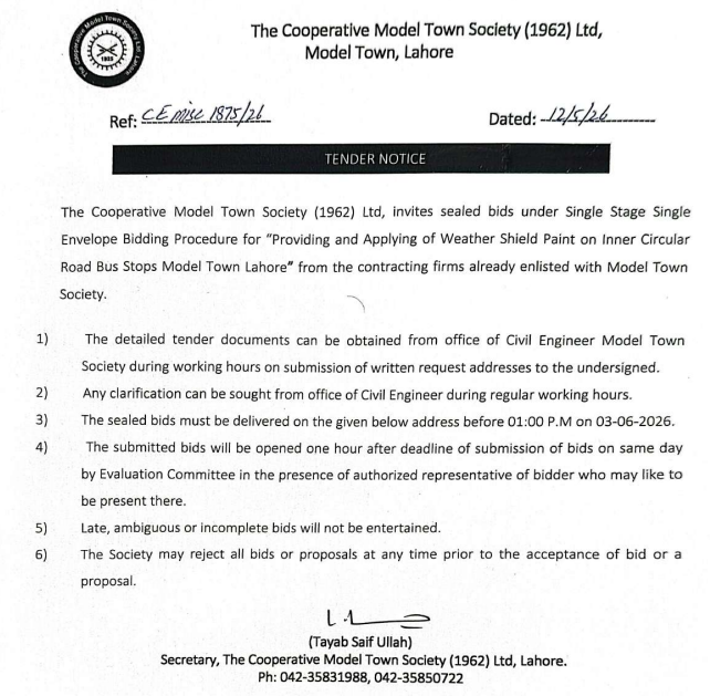 Providing and Applying of Weather Shield Paint on Inner Circular Road Bus Stops Model Town Lahore - The Cooperative Model Town Society (1962) Ltd