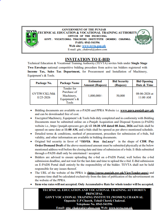 Tender for Purchase of Machinery, Equipment & Tools - Govt Vocational Training Institute Women Chakwal - Govt. Vocational Training Institute (Women) Chakwal - TEVTA