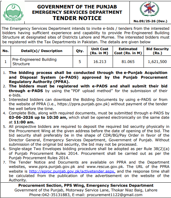 Pre-Engineered Building Structure for Emergency Services Department - Districts Lahore and Murree - Emergency Services Department - Punjab