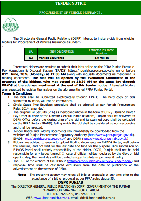 Procurement of Vehicles Insurance - Directorate General Public Relations DGPR Punjab - Directorate General Public Relations - DGPR Punjab