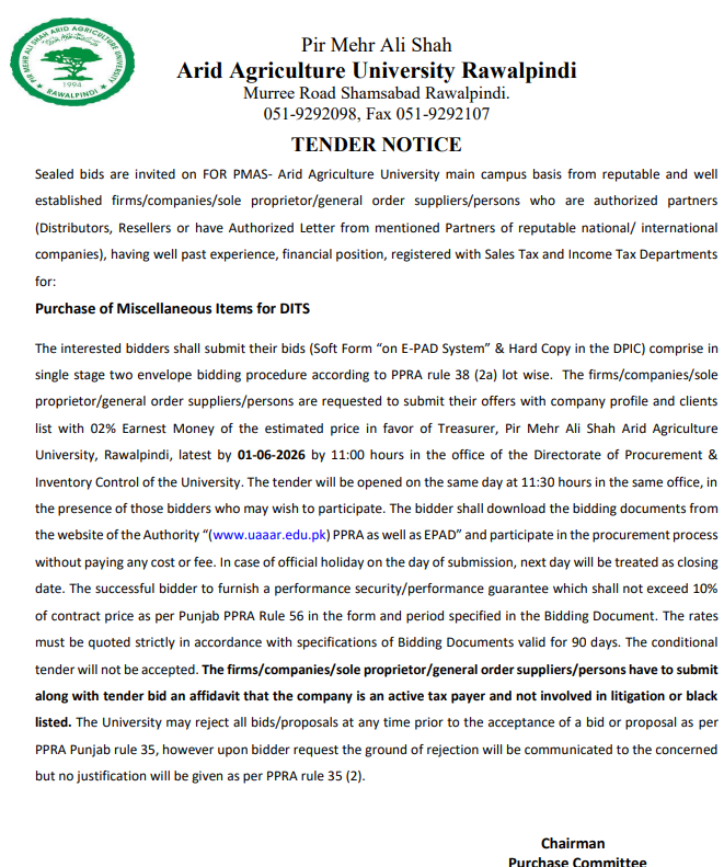 Purchase of Miscellaneous Items for DITS - Pir Mehr Ali Shah Arid Agriculture University Rawalpindi - Pir Mehr Ali Shah Arid Agriculture University