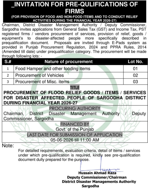 Pre-Qualification of Firms for Flood Relief Goods/Items/Services for Disaster Affected People of Sargodha District - District Disaster Management Authority Sargodha