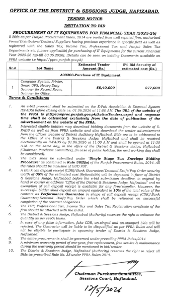 Procurement of IT Equipments for Financial Year 2025-26 - District & Sessions Judge Hafizabad