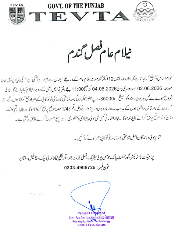 Nilami Aam Fasal Gandum - Govt. Pak German Polytechnic Institute For Agriculture Technology Chak 5-Faiz, Multan - Govt. Pak German Polytechnic Institute - TEVTA