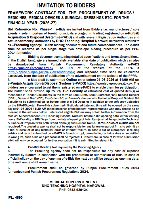 Framework Contract for Procurement of Drugs/Medicines, Medical Devices & Surgical Dressings for FY 2026-27 - DHQ Teaching Hospital Narowal - DHQ Teaching Hospital Narowal