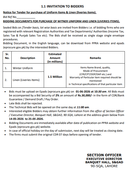 Purchase of Winter Uniform and Linen (Liveries Items) - Banquet Hall, S&GAD, 90-SQA, Lahore - Banquet Hall, S&GAD