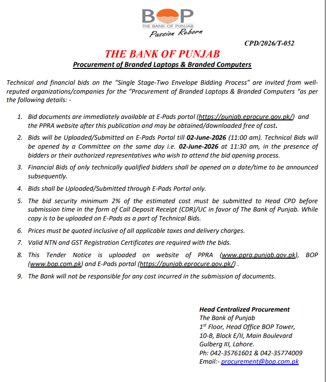 Procurement of Branded Laptops & Branded Computers - The Bank of Punjab - The Bank of Punjab