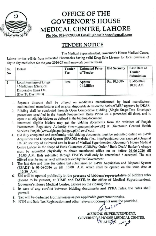 Local Purchase of Drugs / Medicines & Surgical Disposable Items - Governor's House Medical Centre Lahore - Governor's House Medical Centre