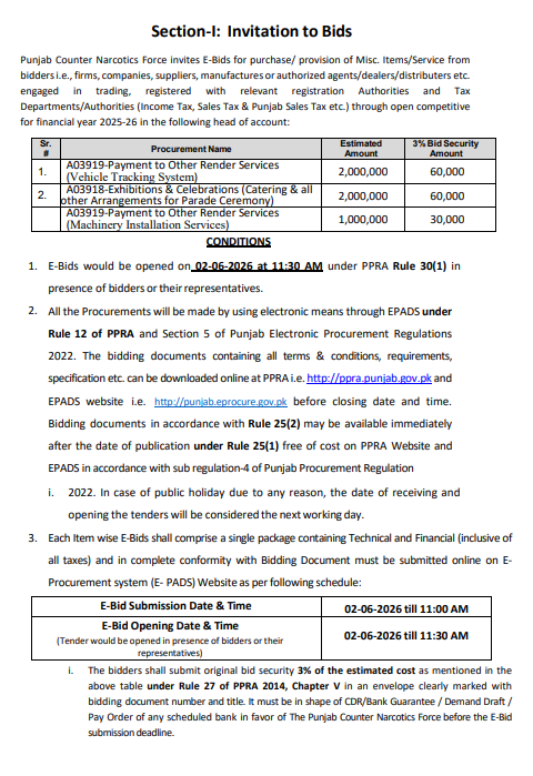 Payment to Other Render Services & Exhibitions for Parade Ceremony - Punjab Counter Narcotics Force - Punjab Counter Narcotics Force